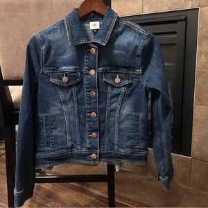 CAbi Dark Modern Jean Jacket Copper Waffle Buttons Raw Edge Belt Option Small